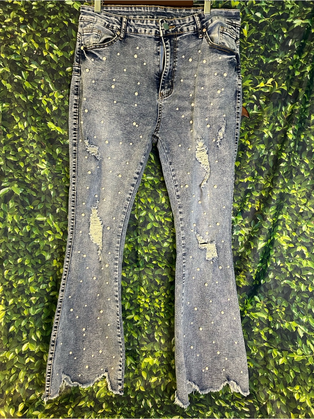 Pearl-Embellished Distressed Flare Jeans - Light Blue